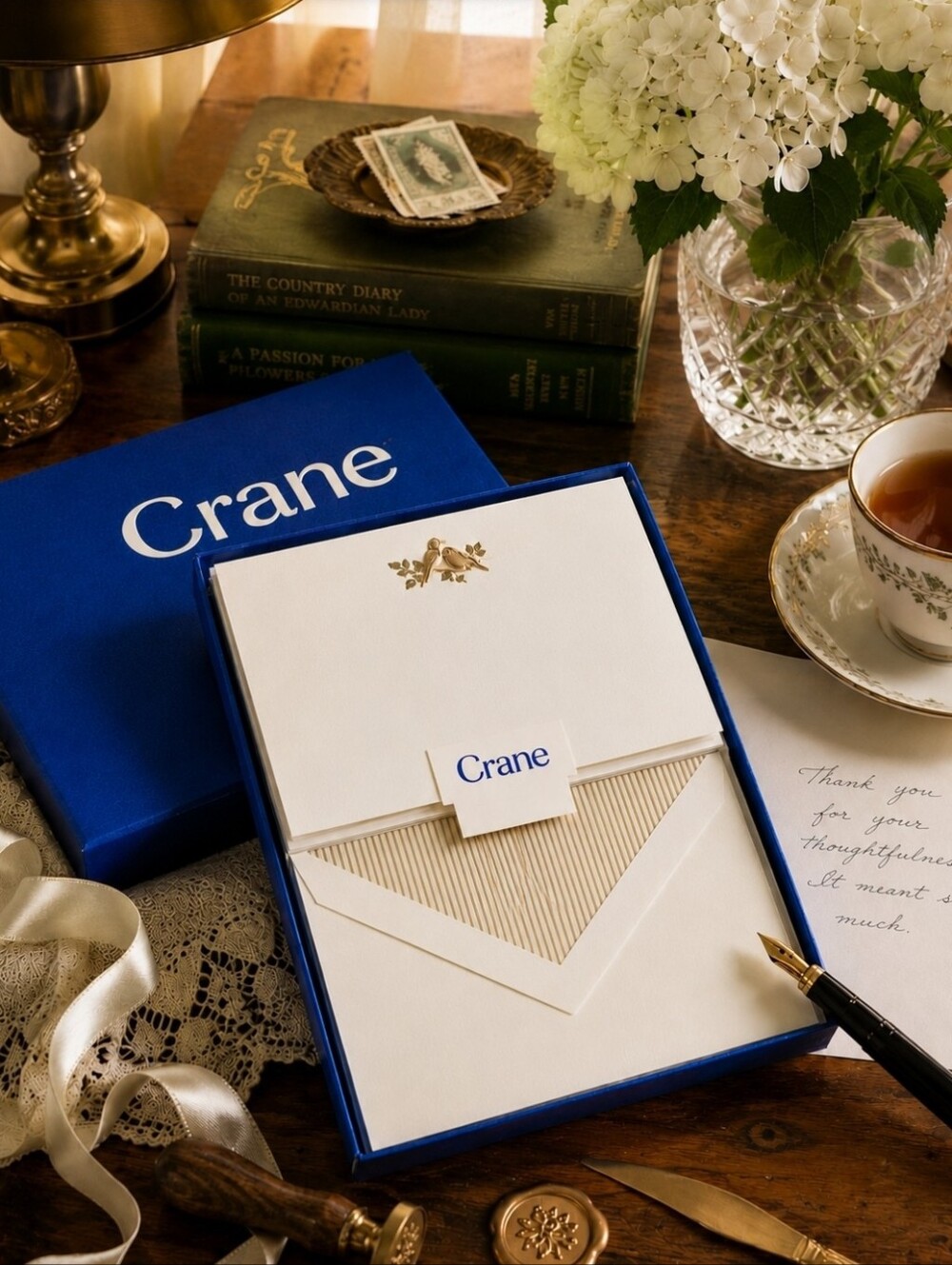 Crane Engraved Lovebirds Stationery Set USA Made Cotton Paper Gold Lined Notes